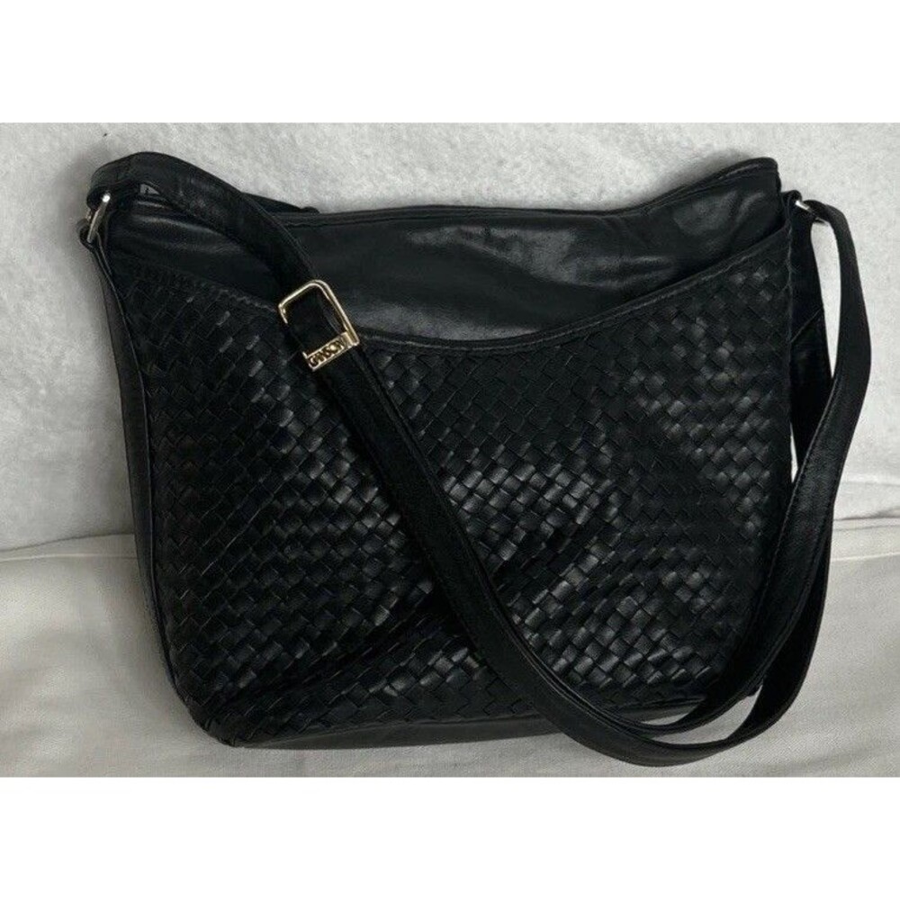 Vtg Ganson Black Woven Leather Shoulder Bag Handbag Gold Hardware Adjustable EUC